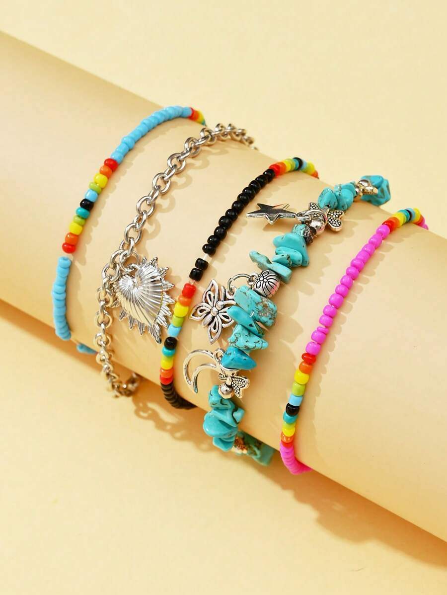 3pcs/5pcs Multi-Color Fashion Bohemian Faux Pearl, Natural Shell, Starfish, Seashell, Butterfly Pendant Beaded Necklace & Bracelet Set, Suitable For Valentine's Day, Best Friends, Family, Beach, Party, Gift, Daily Wear For Women