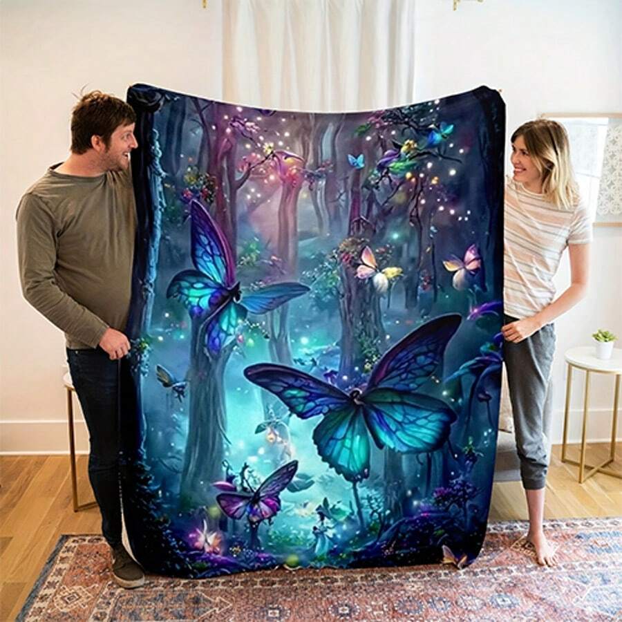 1pc Cabin Style Space Theme Flannel Blanket - 100% Polyester, Suitable For All Seasons, Geometric Butterfly & Tree Pattern, Soft & Skin-Friendly Knit Shawl, Multi-Functional Decorative Sofa Cover, 250-300gsm, Napping Blanket, Leisure