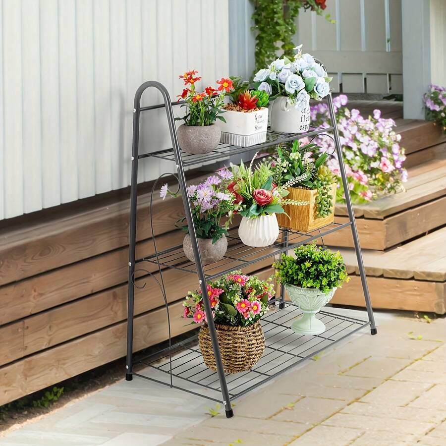 3 Tier Plant Ladder Metal Flower Shelf, Black Indoor And Outdoor Corner Plant Shelves, Home Organizer Shelf, Space Saving, Lightweight And Durable, Decorative Flower Pot Stand.