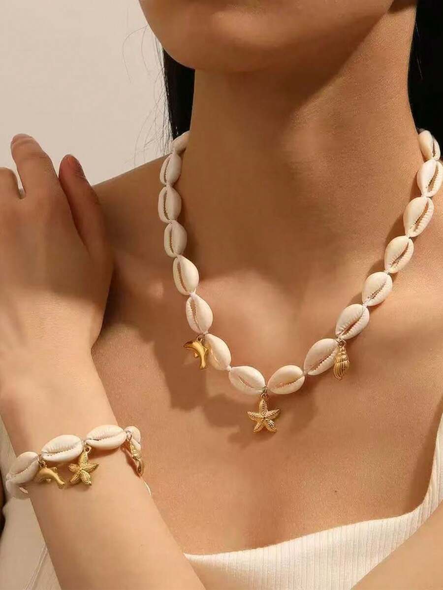 1 Set Ozean-themenfarma Muschelarmband, Hawaii-Stil Muschelhalskette, 18 Karat vergoldeter Edelstahl Clownfisch & Muschel Anhänger Schmuckset, geeignet für Frauen Strandurlaub