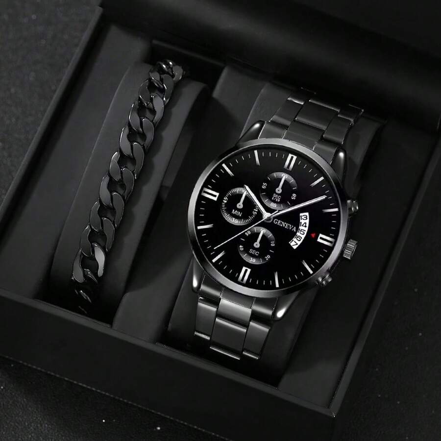 2pcs Men's Watch Stainless Steel Fashion Casual Three Eye Roman Scale Dial Date Quartz Watch With Jewelry Accessories Hip Hop Bracelet Set Party Gift Beach Vacation Valentine Gift