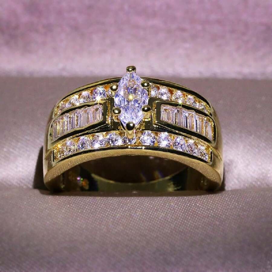 1pc Elegant 18K Gold Plated Triple Row CZ Engagement RingS Accessories For Women, Copper Main Material, Glitter Style, Suitable For Daily And Wedding Occasions