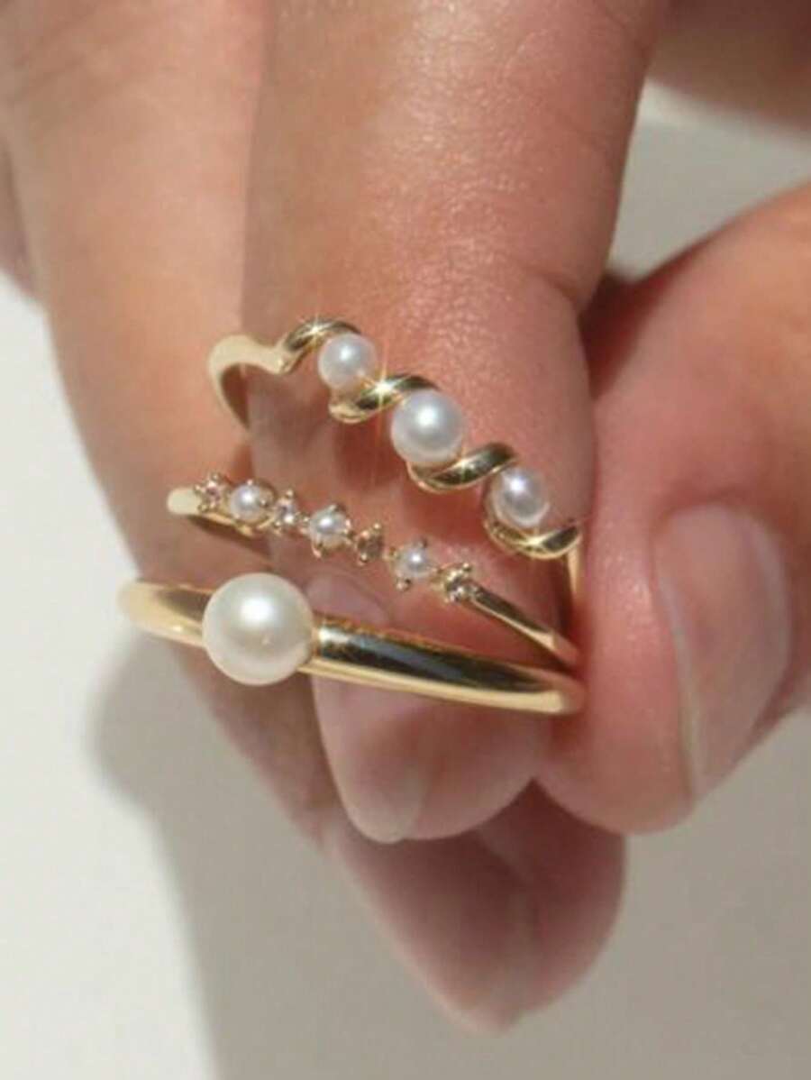 3 Stücke/Set kunstperlen geometrischer Bohemien-Stil Ringe in Kupfer- und Goldton für Frauen, geeignet für Strand, Urlaub, Outdoor-Party, alltägliches Outfit als Accessoire