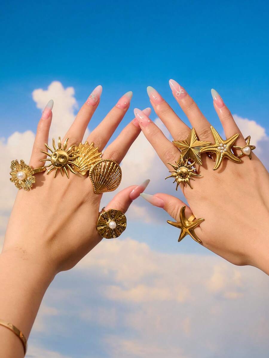 1 Peça Anel Ajustável Floral com Pérola Falsa, Concha e Estrela-do-mar, Retrô de Aço Inoxidável Dourado, Moda Verão Festa na Praia Uso Diário, Ótimo Presente para Namorada, Amiga