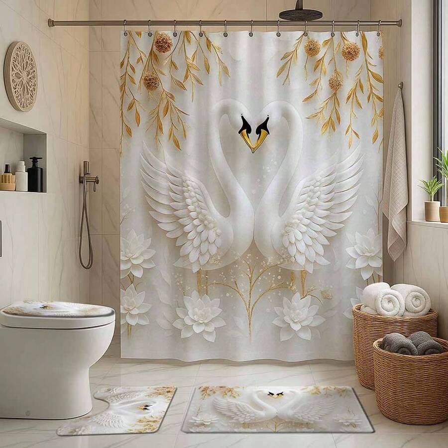 1/4 pièces Ensemble de rideau de douche de salle de bain thème élégant cygne et fleur dorée, incluant tapis de bain, tapis de toilette en U, couvercle de toilette, rideau de douche imperméable, rideau , rideau de séparation de salle de bain moderne, sans perçage, polyester, lavable en machine Retour à l'école