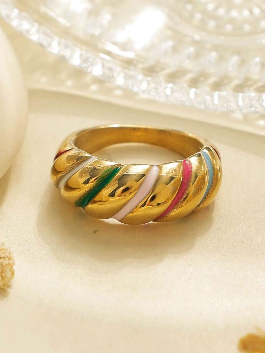 1pc & Personalized Style Stainless Steel Plated Gold Multicolor Striped Detail Ring, Suitable For Women To Wear On Music Festivals, Fashion Parties And Other Occasions
