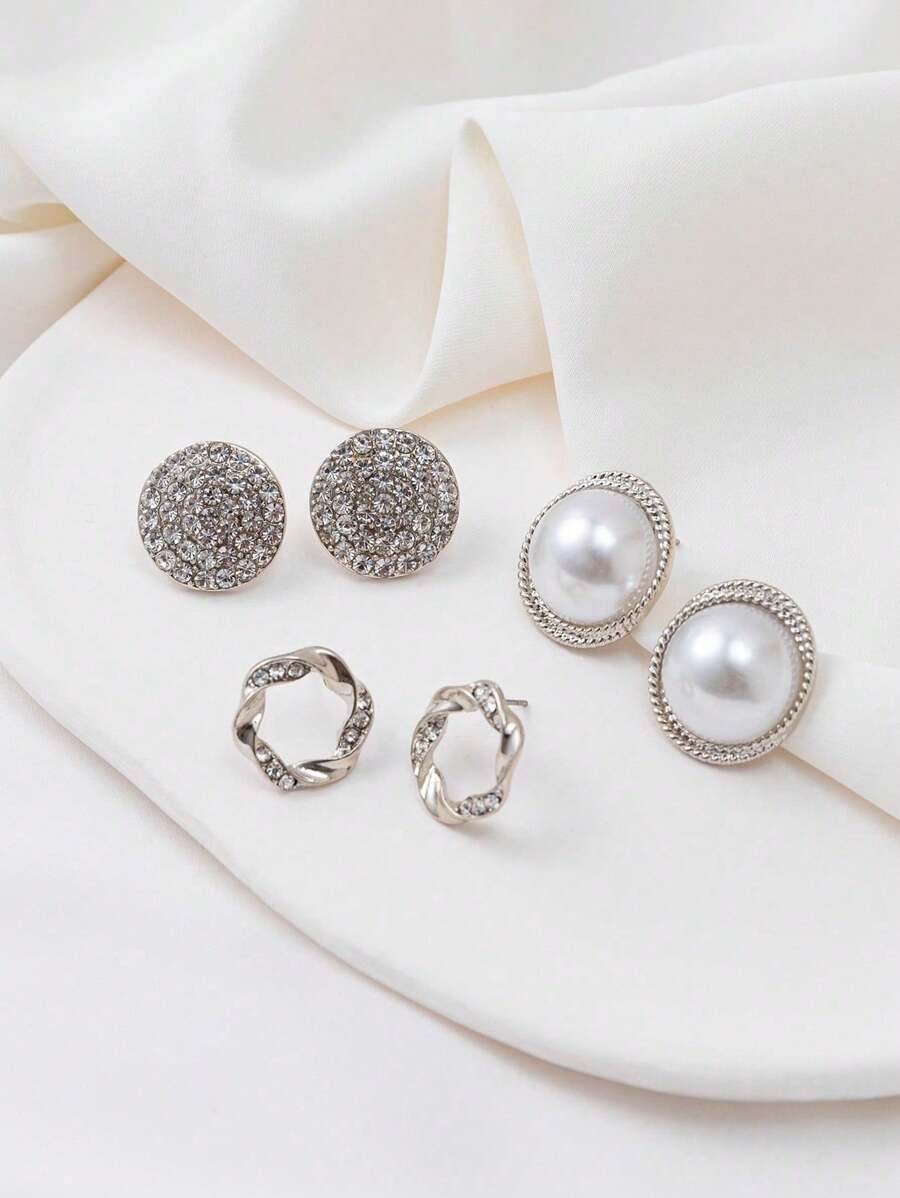 Juego de 3 pares de aretes con perlas falsas rodeados de cristales redondos de lujo, para uso diario