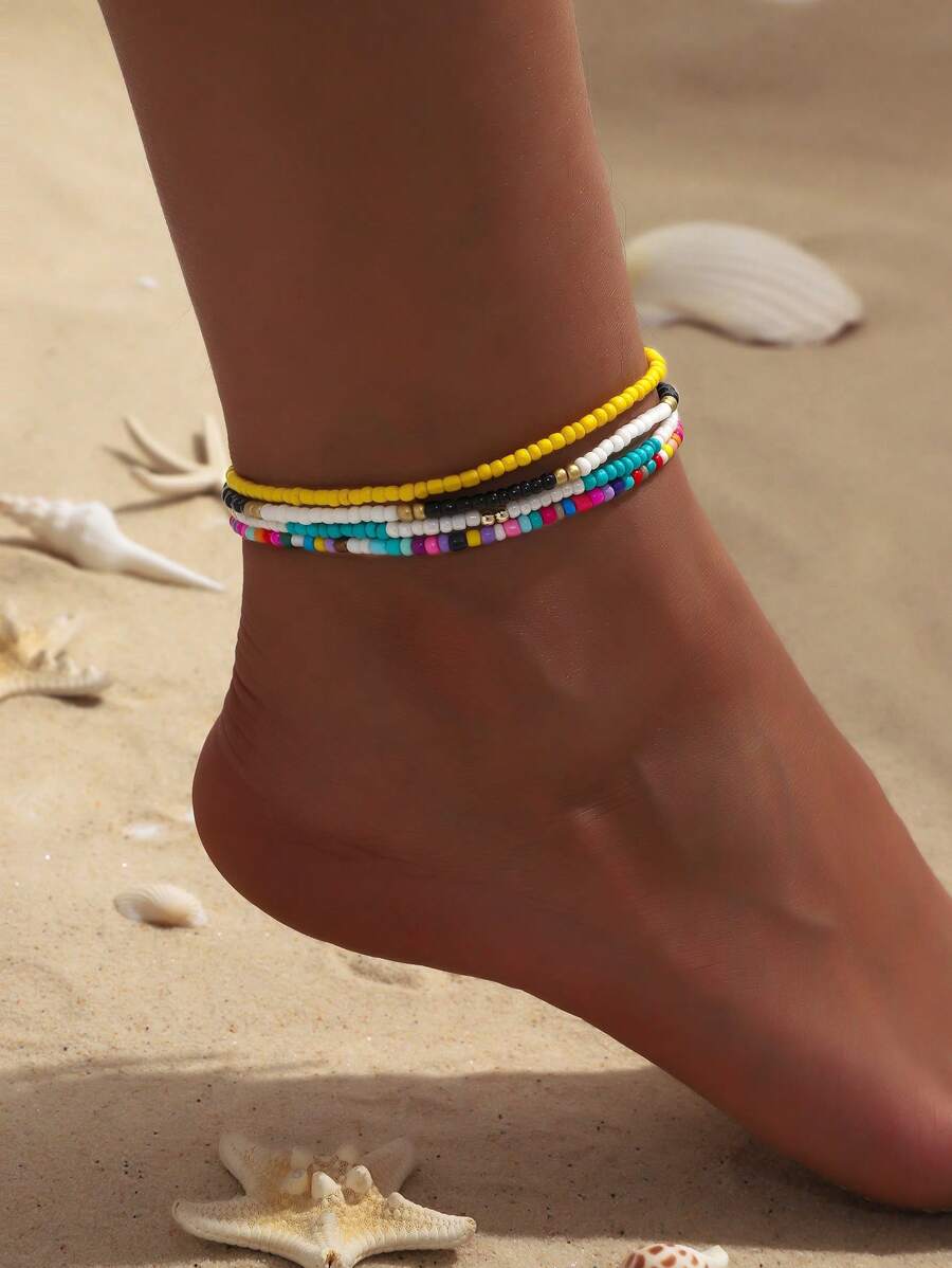 1 conjunto de 4 tornozeleiras de contas boêmias, pulseiras coloridas de contas e pingentes feitas à mão, adequadas para uso diário feminino e festas na praia