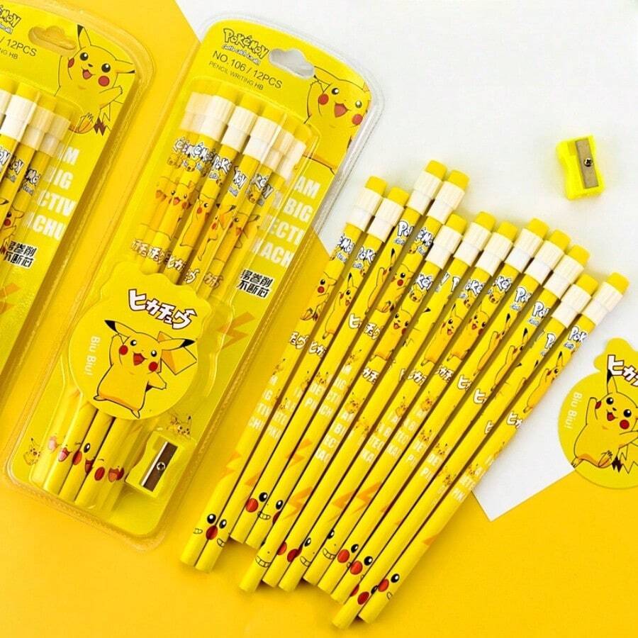pokemon 12 Pikachu Taschenmonster Bleistift Set, Cartoon Bleistifte mit schwarzem Kern und grobem Holz, Schul- und Büroartikel, Halloween, Weihnachtsgeschenk, 12 Bleistifte inklusive Anspitzer, Schulmaterial, Schulanfang