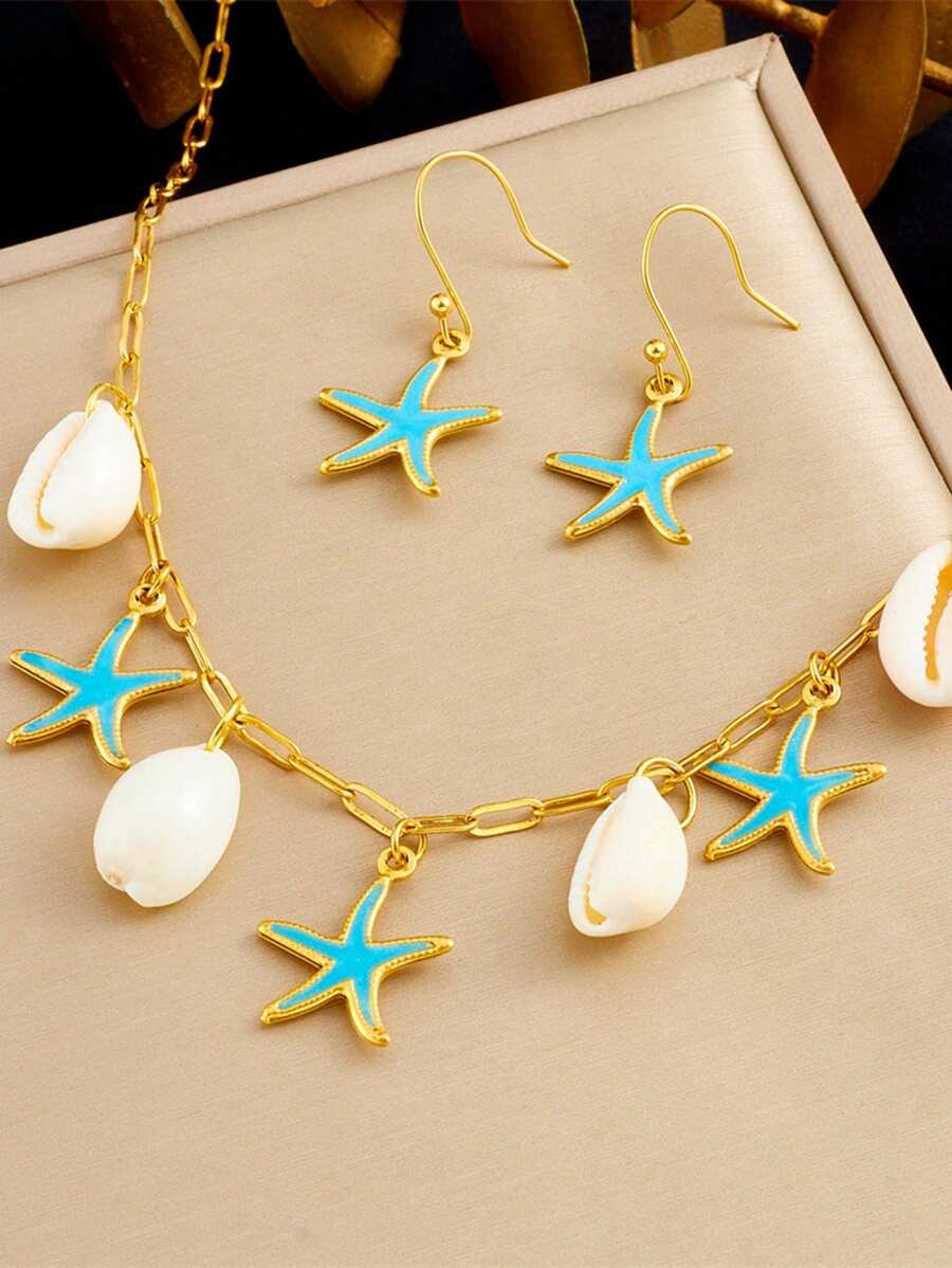 1 Set süße Cartoon Tropfenöl blau Seestern Anhänger Muschel Edelstahl Kette Schmuckset Ohrringe Halskette