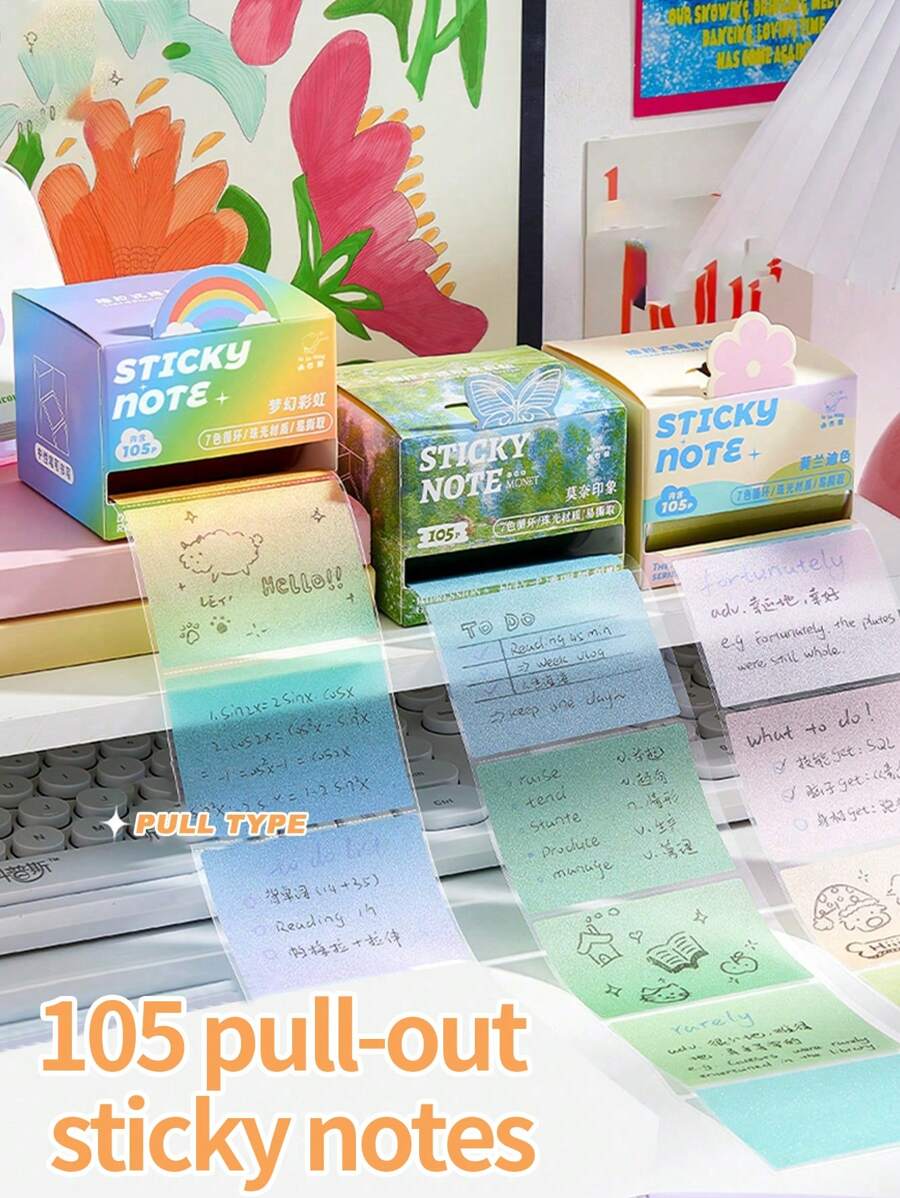 105 Sheets Of Pearlescent Pull-Out Sticky Notes In Gradient Colors, Transparent And Waterproof Material, Student Note Stickers, High Aesthetic Value Sticky Note Pad, Tear-Off Without Leaving Any Marks, Stationery Stickers., School Supplies, Back To School