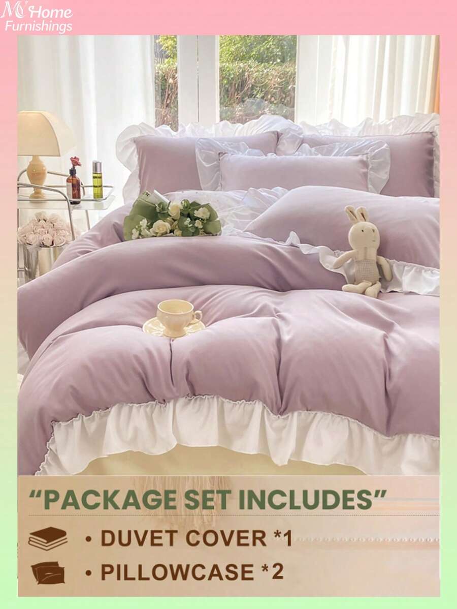 3 pièces Ensemble de literie étudiante très doux de couleur violet clair, housse de couette plissée grande fleur amicale pour la peau (1 housse de couette, 2 taies d'oreiller), lavable sans rembourrage