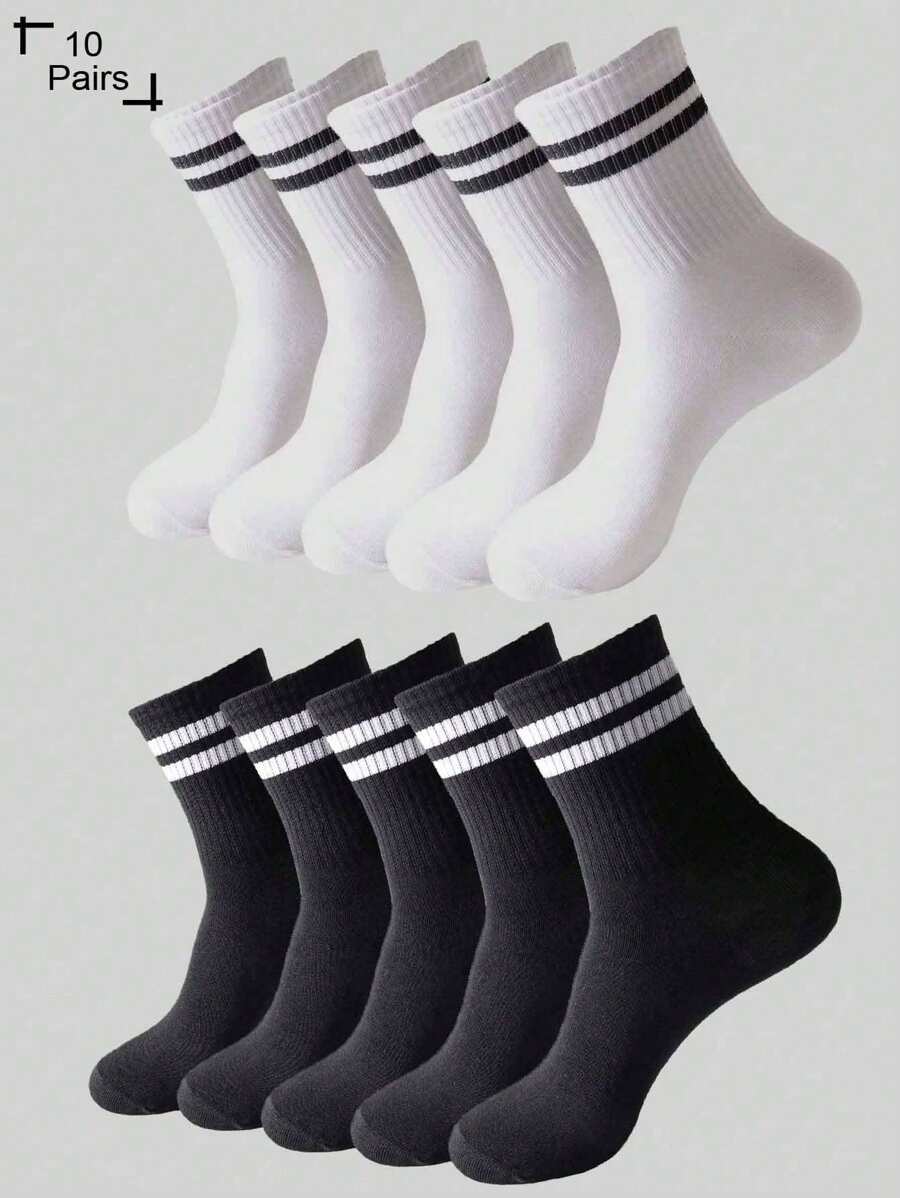 10 Paar/20 Paar unisex schwarz-weiß gestreifte und einfarbige atmungsaktive Socken bis zur Mitte des Knöchels als Freizeitsocken
