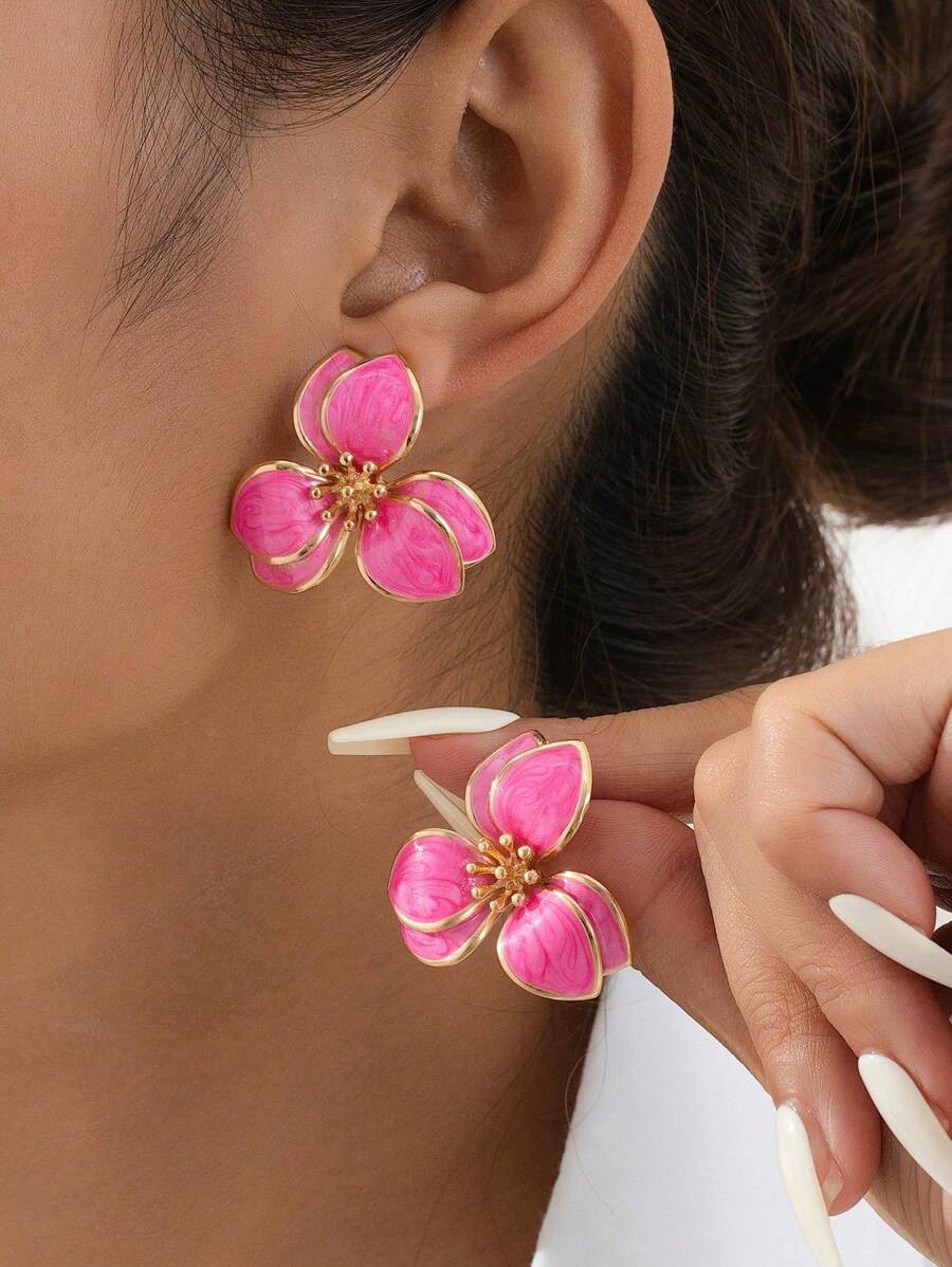 1 par de brincos de pino com design floral em formato de gota de óleo, estilo resort, fofos e adoráveis, para mulheres, perfeitos para encontros