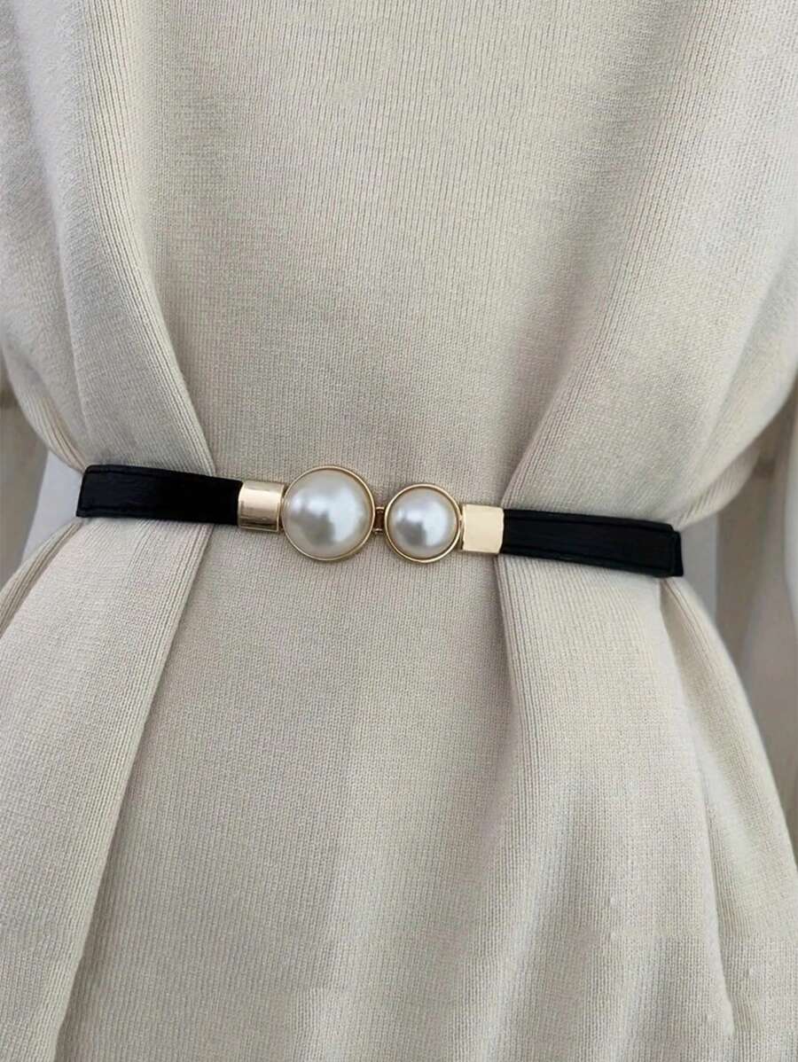 1pc Women Pearl Decor Elastic Waist Belt, Versatile For Sweaters, Jackets, Dresses