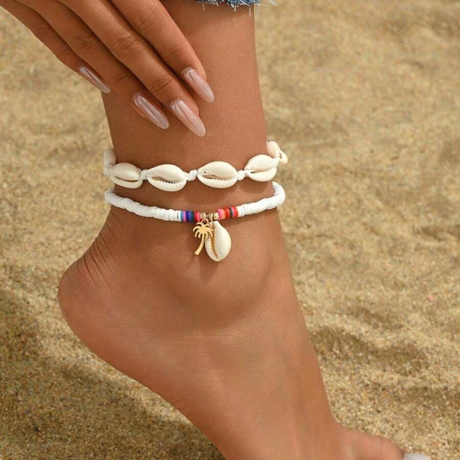 Juego de 2 o 3 piezas, Tobillera para mujer, Estilo océano de verano con concha, amor y cuentas blancas, tobillera de disco, Tobillera de varias vueltas con cuentas creativas de amor, estilo playa, material de arcilla suave, Regalo de playa de verano para la novia, Tobillera de cuentas de arroz