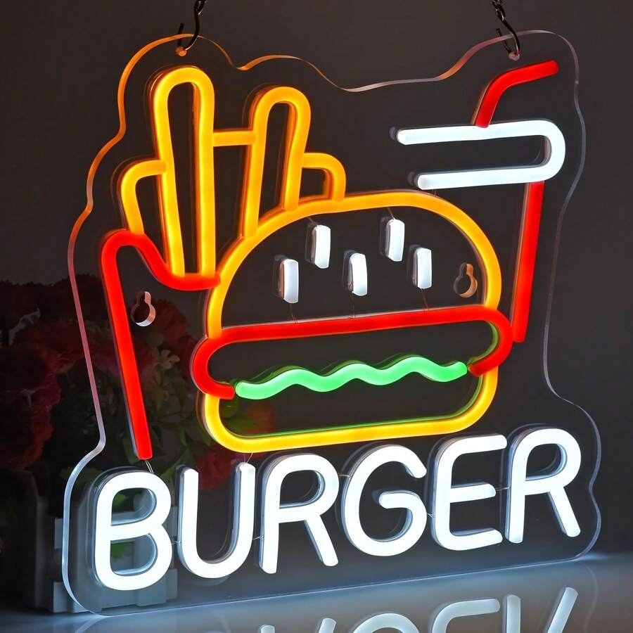 1 pezzo Insegna al neon di hamburger e patatine per decorazione da parete, luce al neon di hamburger e patatine francesi di 32,0 cm x 30,0 cm , segni di fast food per casa, ristorante, bar, caverna dell uomo, decorazione, Eid Al-Adha Mubarak