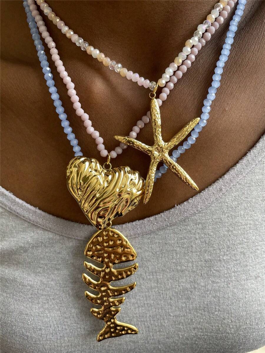 Starfish, Big Fish & Dragonfly Stainless Steel Beaded Necklace For Women, Beach & Resort Style