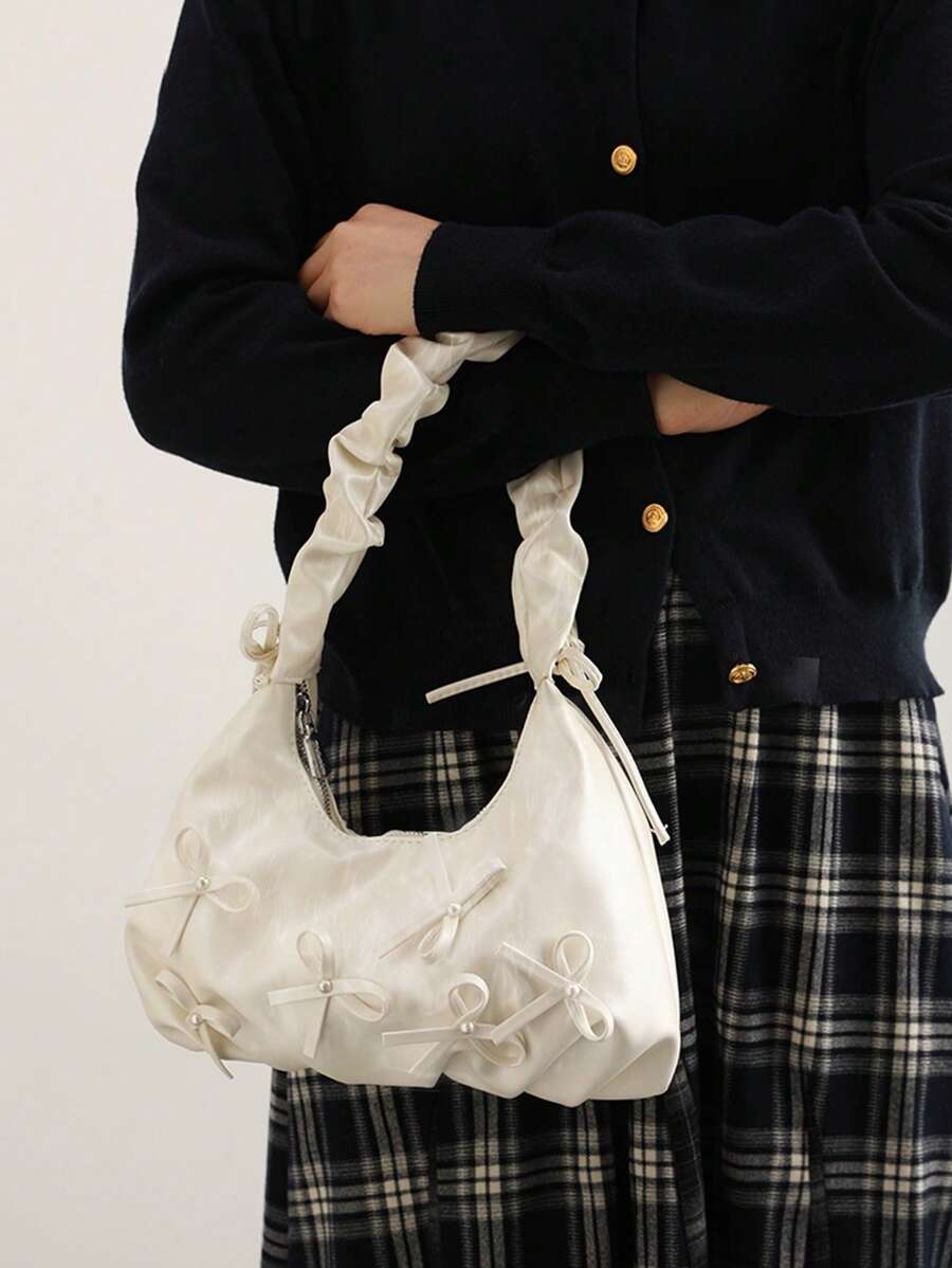Bolso de hombro elegante para mujer con decoración de lazo de perlas, bolso de mano minimalista de unicolor de piel sintética (PU), bolso cruzado en forma de luna dulce, adecuado para compras, regalo, escuela, ir al trabajo