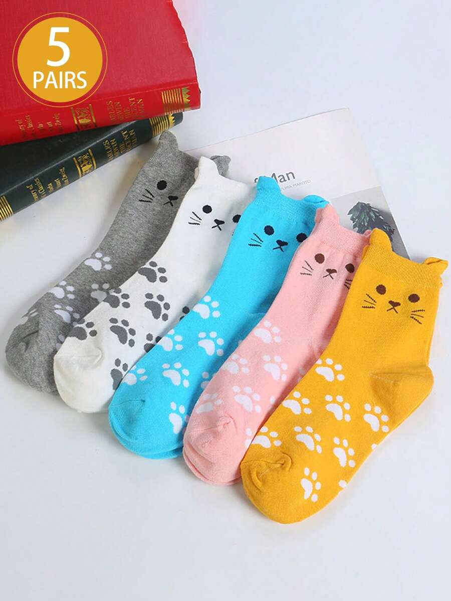 5 Pares (Cores/Padrões Aleatórios) Meias de Bezerro para Mulheres no Estilo Countryside com Desenho de Gato, Coelho Azul e Flor, Fofas e Confortáveis, Novos Estilos