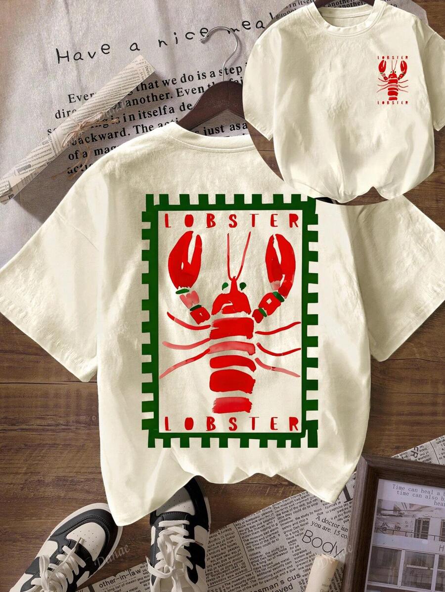 Camiseta feminina casual com gola redonda e manga curta, estampa de lagosta, para o verão