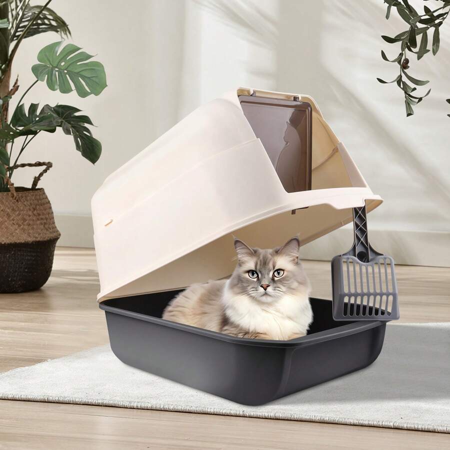 Bac à Litière pour Chat, Litière pour Chat XXL, Fermé Maison de Toilette pour Chat avec Couvercle, Plateau Amovible, Pelle, pour Chats, Lapins, Poids ne dépassant Pas 15 kg, Noir/Gris/Bleu/Orange