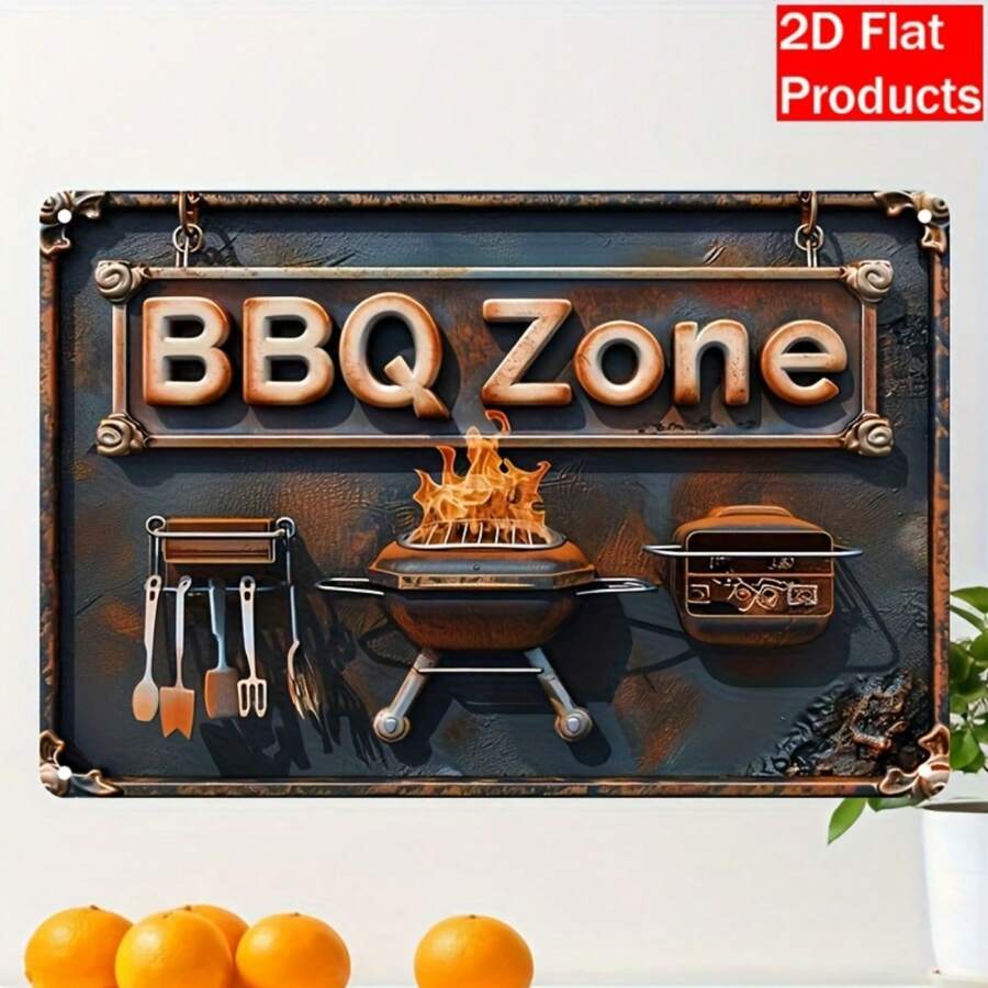 1pc 30cm X 20cm Vintage Metal Barbeque Wall Decor, Grill & Flame Design With Tongs And Spatula, Durable Kitchen Decoration For Home, Bar, Restaurant - Pre-Drilled Holes For Easy Installation, Classic BBQ Theme, Textured Surface, 2D Flat, Random Hole Style