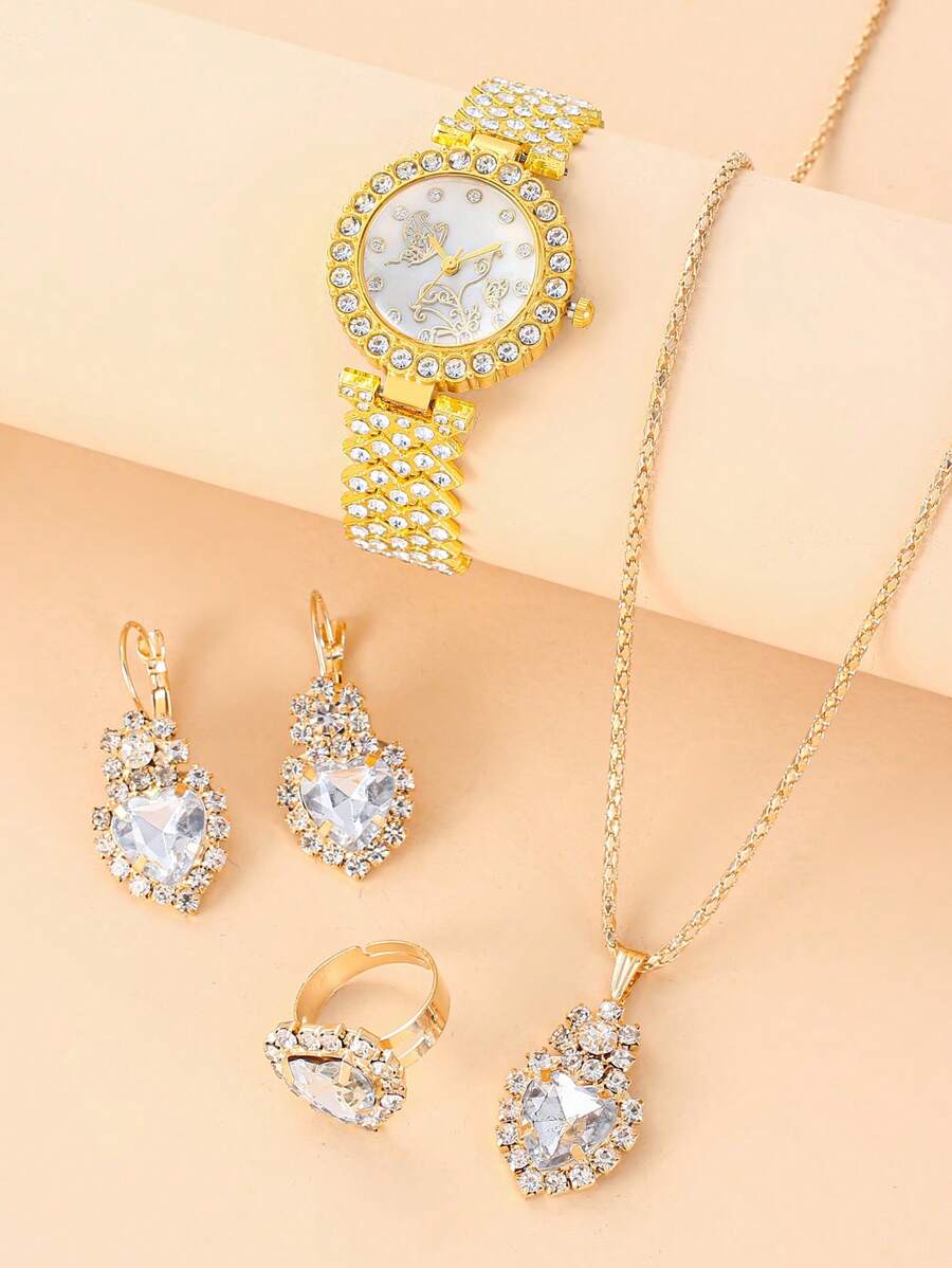 5pcs/Set Fashionable And Elegant Butterfly & Rhinestone Decorated Ladies' Watch And Heart-Shaped Big Rhinestone Jewelry Set, Suitable For Daily Wear Valentines