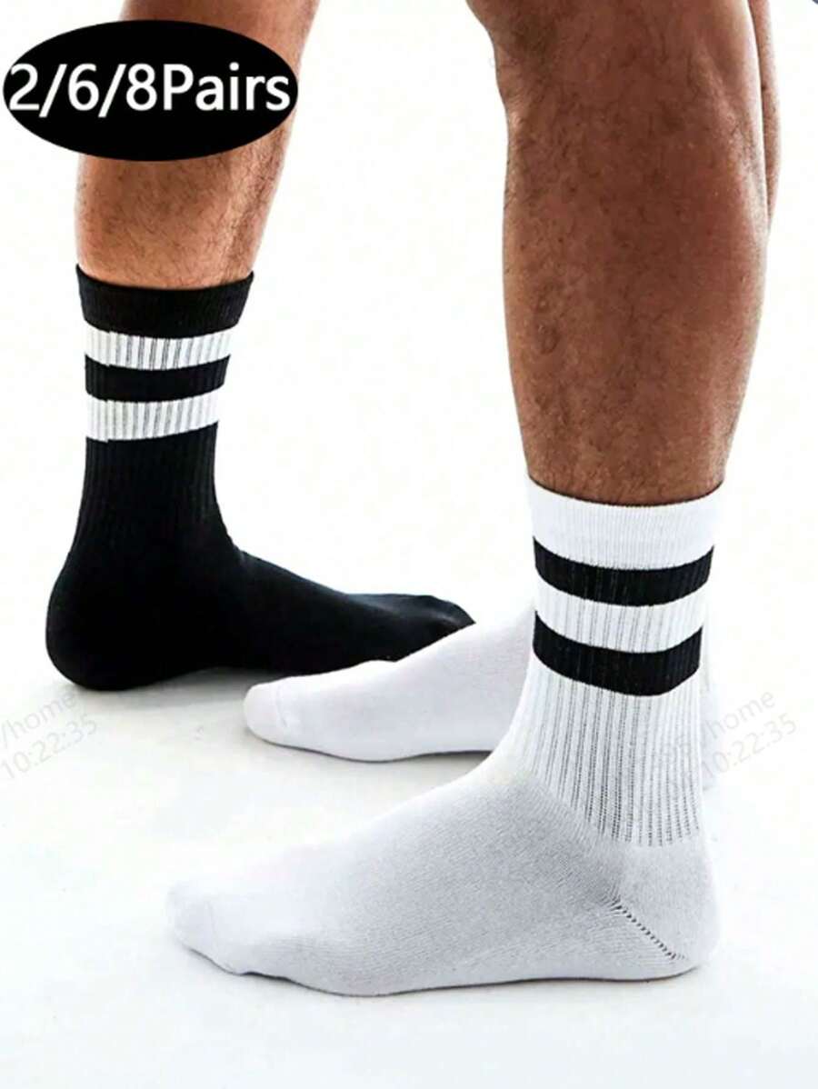 2/6/8 Paar gestreifte Herren Socken, schwarz/weiß, knöchelhoch/kniehohe Athletik/Sport Socken, unisex