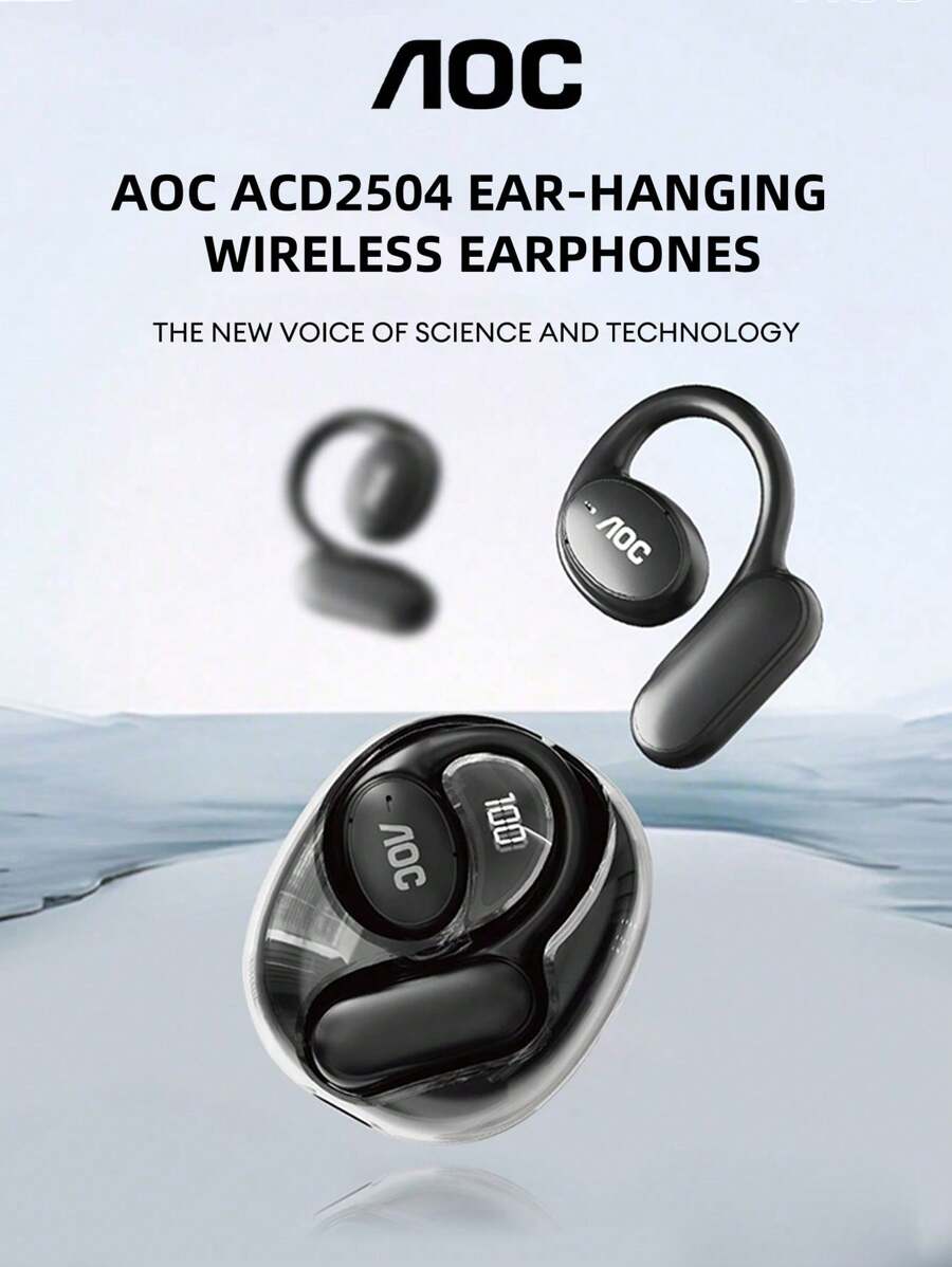AOC Écouteurs Bluetooth AOC ACD2504, style tour d'oreille, son de haute qualité, longue durée de vie de la batterie, affichage LED de l'alimentation, faible latence pour le jeu, avec cordon, portable, convient pour les affaires, les réunions, les sports, compatible avec les smartphones et les ordinateurs