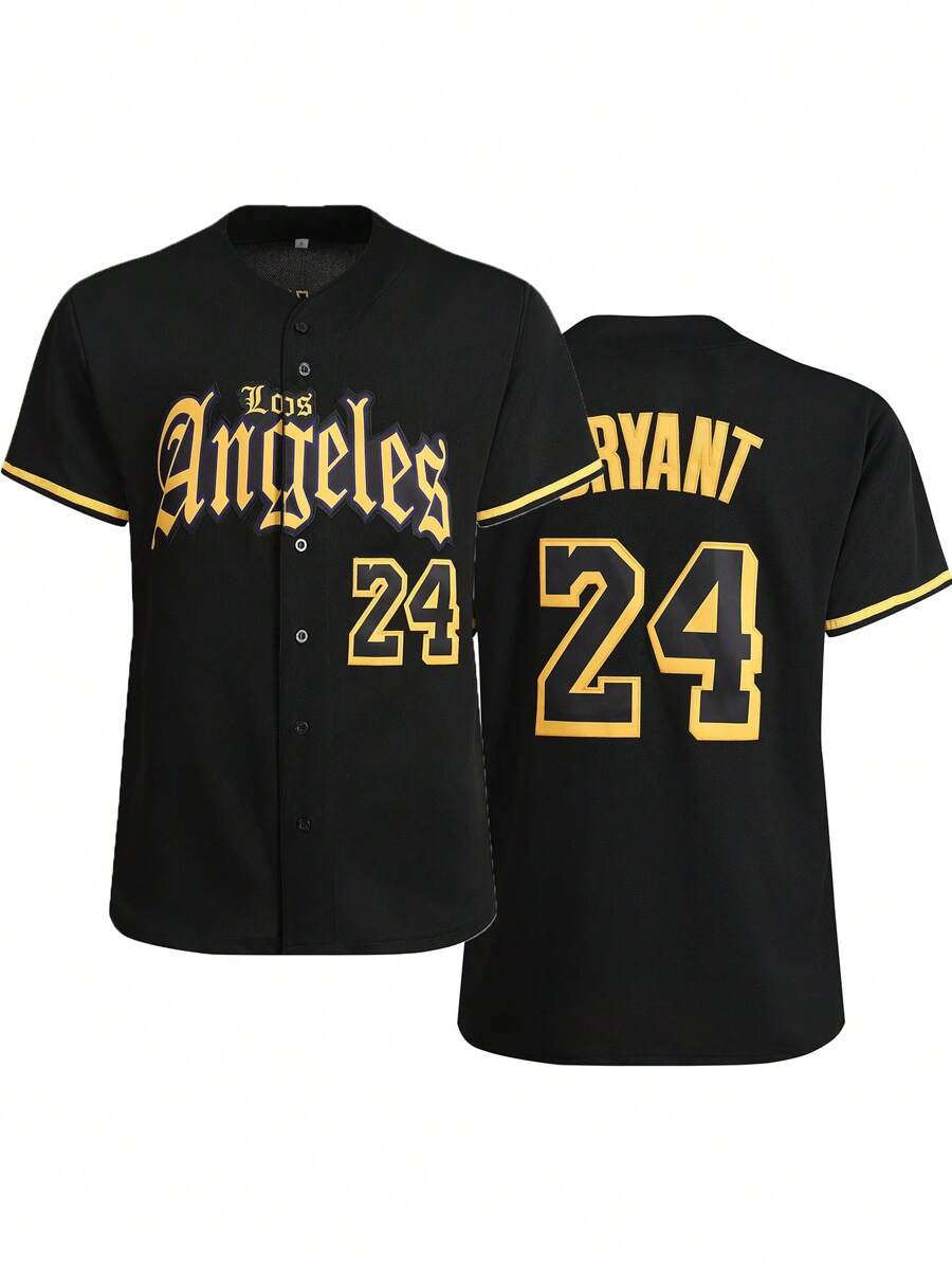 Men's Baseball Jersey, #24 Black, Button & Embroidery Sport Cardigan T-Shirt
