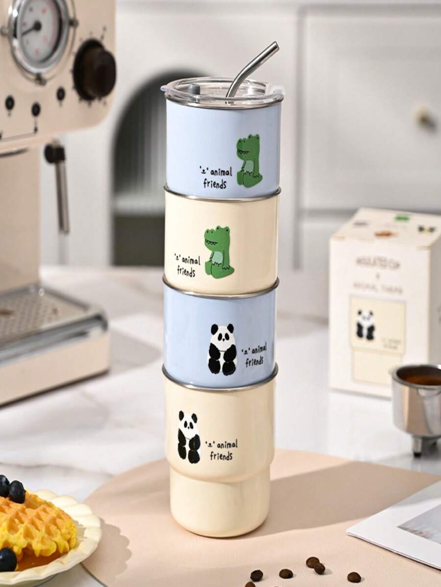 304 Stainless Steel Cartoon Water Cup With Straw And Transparent Lid Couple Water Cup Outdoor Camping Cup Ins Simple Coffee Cup