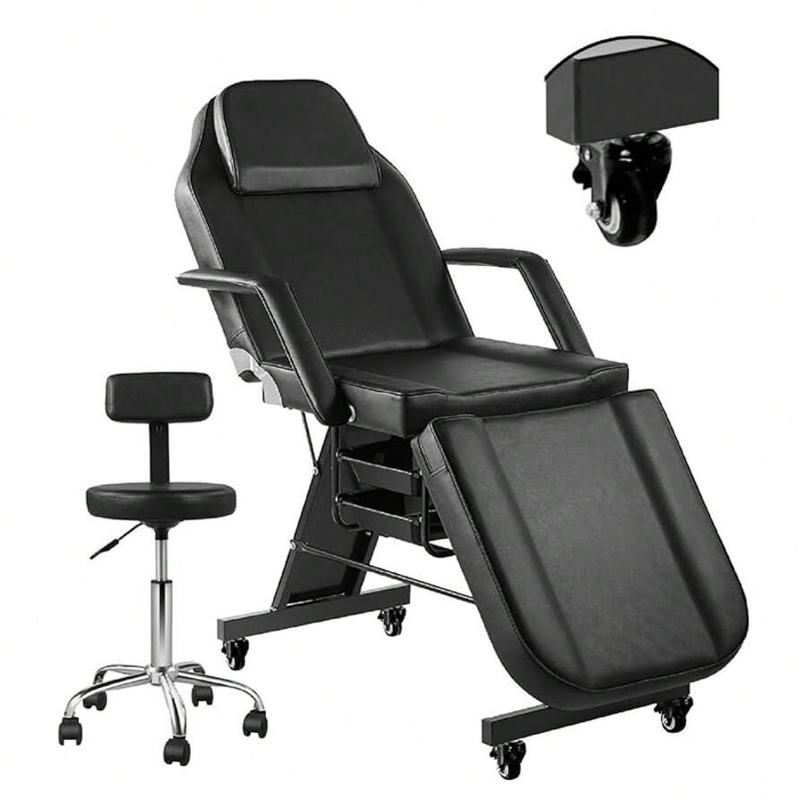 Adjustable Chair With Wheels 73inch Tattoo Bed Client Massage Table With Stool Massage Table Bed Spa Beauty Esthetician White