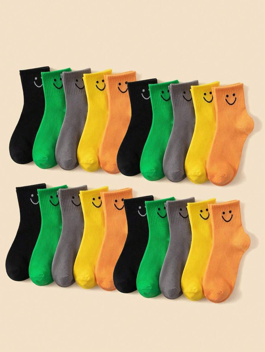 Set de 5/10/20 pares de calcetines para niños con diseño de cara sonriente, cómodos, suaves, transpirables y versátiles hasta el tobillo, apropiados para la vida diaria, vacaciones y vuelta al colegio