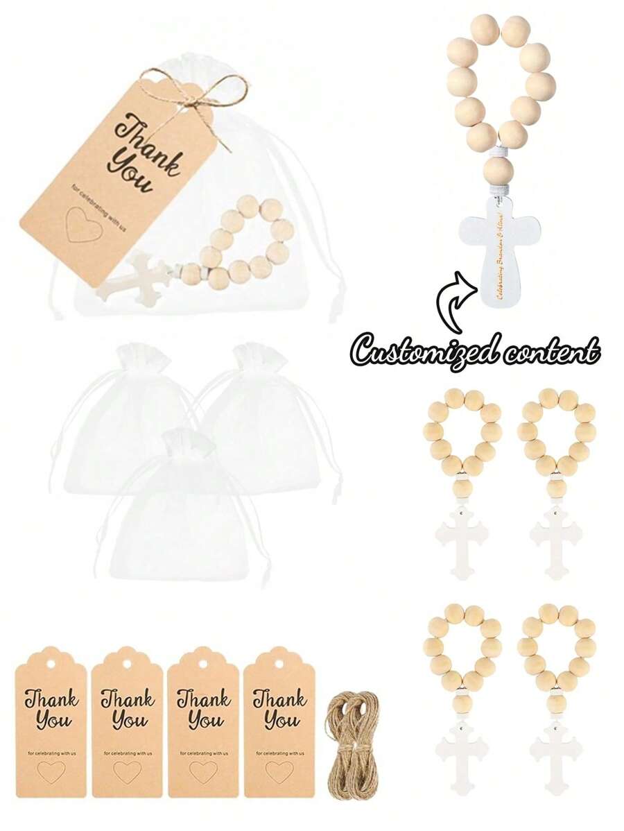 Set personalizzabile di perline rosario in legno 5/10/20/30 pezzi - include perline da preghiera in legno, corda di canapa, cartoline di benedizione e sacchetto con coulisse - rosario cattolico fatto a mano con croce, crocifisso in legno marrone - ideale per battesimo, prima comunione, cresima, regali di matrimonio - design unisex per uomo e donna