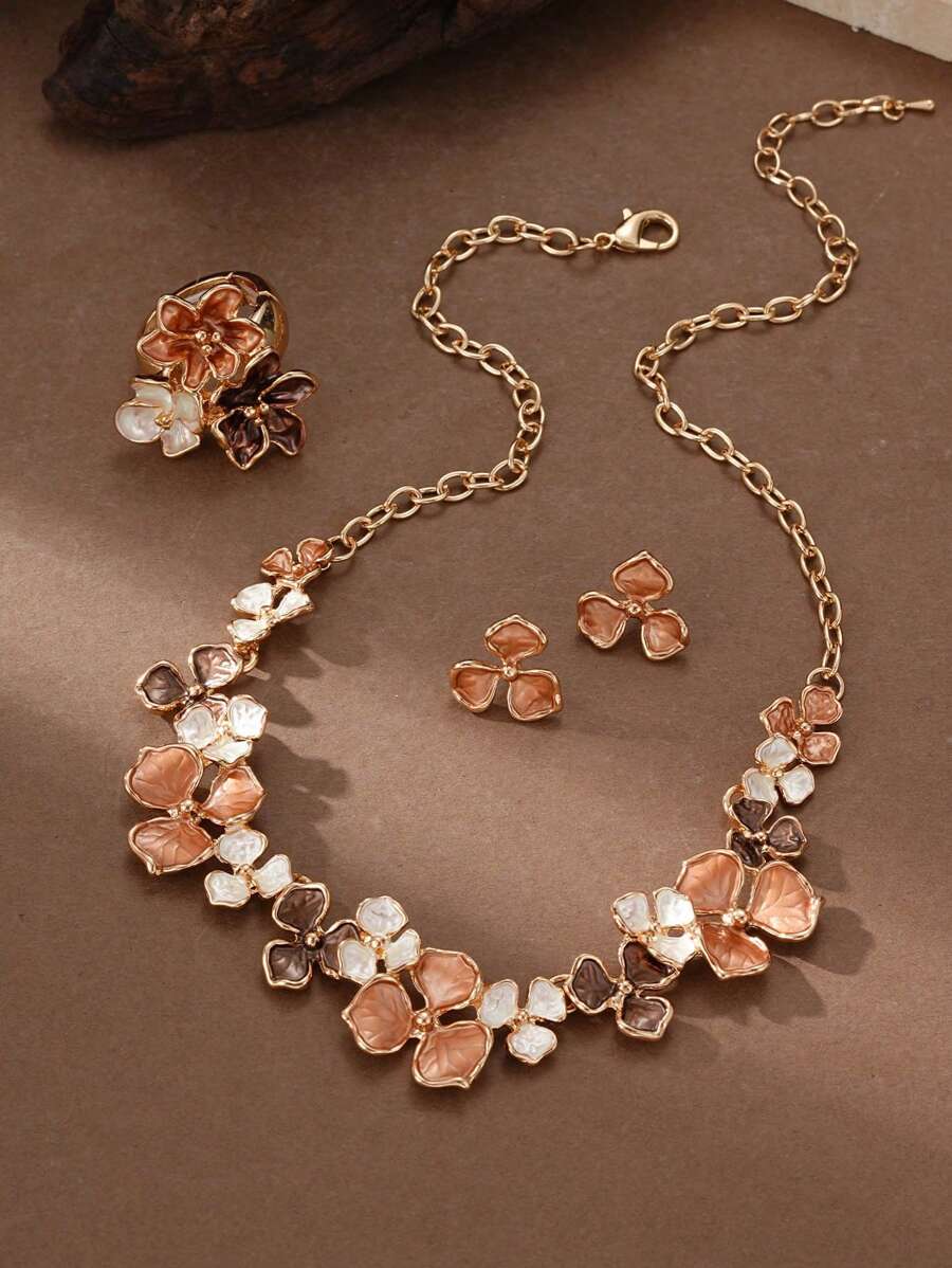 Cring Coco 1 conjunto de 3 peças de joias vintage boêmias minimalistas elegantes casuais cáqui com gotas de óleo esmaltadas em liga de zinco, conjunto de joias para decoração de flores, adequado para uso diário feminino, festas, encontros, presente de dia das mães