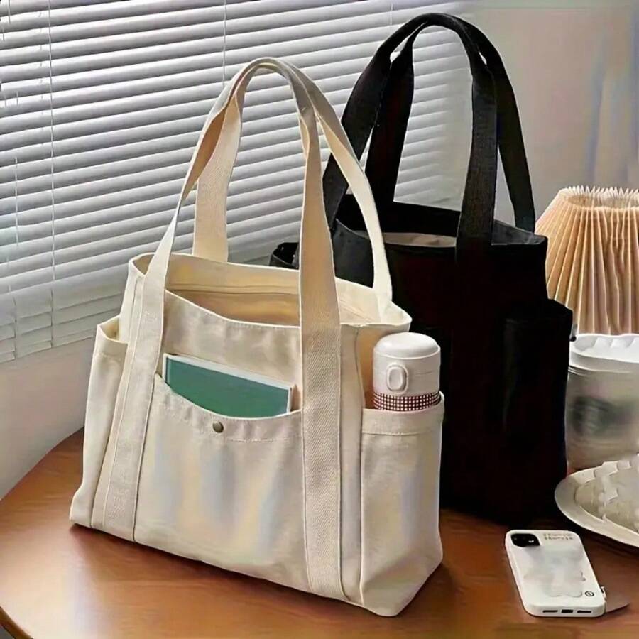 1 pieza/2 piezas Bolso de lona de gran capacidad, bolso de hombro con múltiples bolsillos, bolso de compras reutilizable, fácil de llevar con asa cómoda, para uso diario y regalos, bolso portátil para la escuela, el trabajo, los viajes y las compras