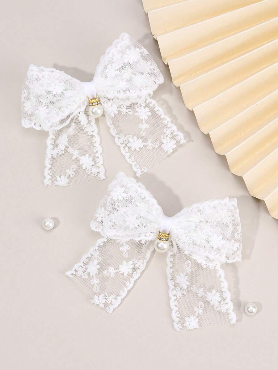 2 piezas Pinzas de lazo blanco para el cabello, Pasador con decoración de encaje y perlas, Pinzas de caimán de moda Accesorios para el cabello como regalo para niñas para la vida diaria
