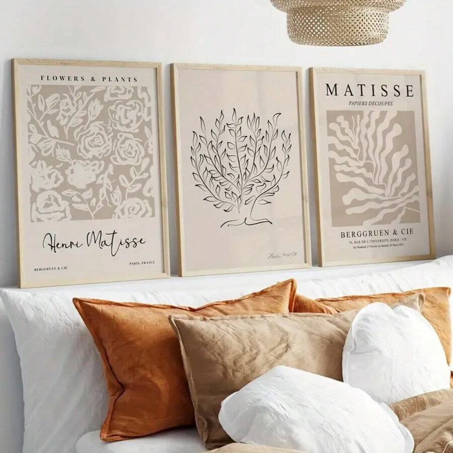 3er-Set Wandkunst im Matisse-Stil - Ungerahmte Vintage- & Minimalistische Drucke, geeignet für Wohnzimmer, Schlafzimmer, Homeoffice - Blätter-Muster Landschaftsplakate