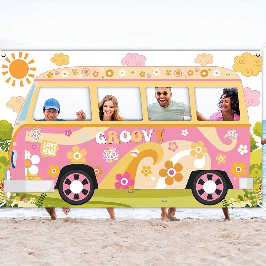 1 pièce Prop photo Van Hippie, Décoration de fête Groovy, Grande prop de van en tissu Groovy, Bannière d'arrière-plan pour Selfie Hippie, Fournitures de fête d'anniversaire, Cadeaux de fête Rétro Daisy des années 60 et 70