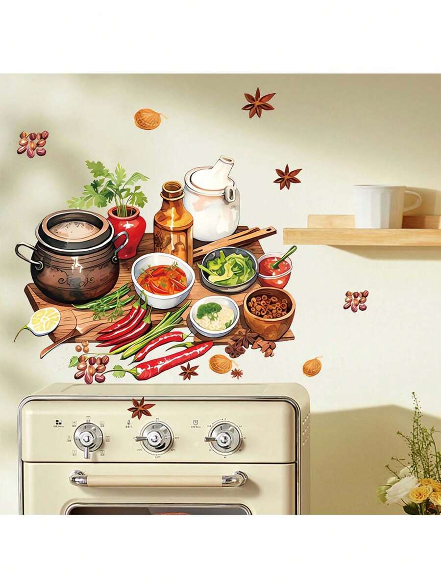 Kitchen Stickers/Decorative Stickers Kitchenware Ingredients Stickers Waterproof And Dustproof Stickers, 1 Piece Pvc Material Removable Wear-Resistant Stickers, Wall Stickers 11.6*9.4 Inches, Suitable For Kitchen Decoration, Wall Decoration, Restaurant Decoration, Interesting Birthday Gifts, Graduation Gifts, Make Your Home A New Look