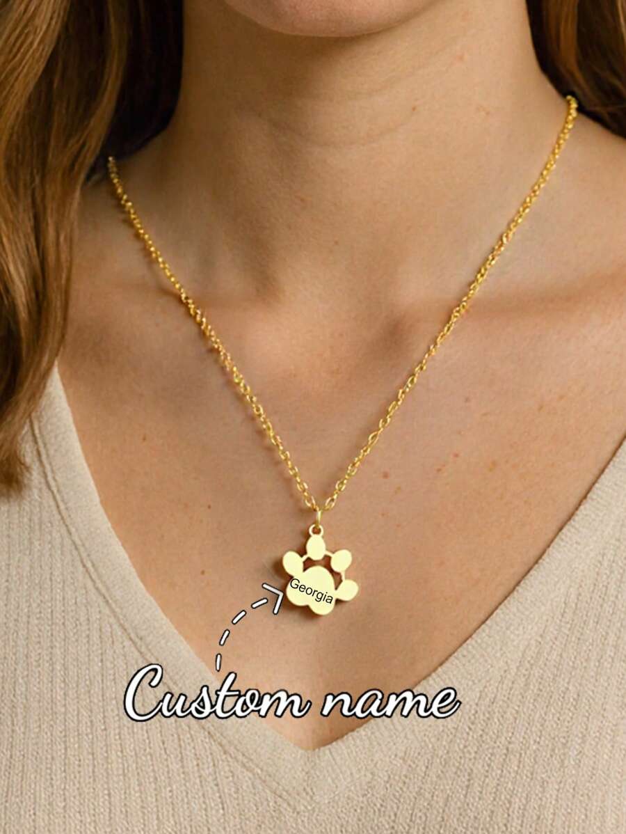 Colar com pingente de pata de cachorro fofo personalizado de estilo simples, colar com nome gravado personalizado e pingente de pata de cachorro, corrente de clavícula feminina de aço inoxidável com padrão de pegada de animal de estimação de desenho animado, joia para festa