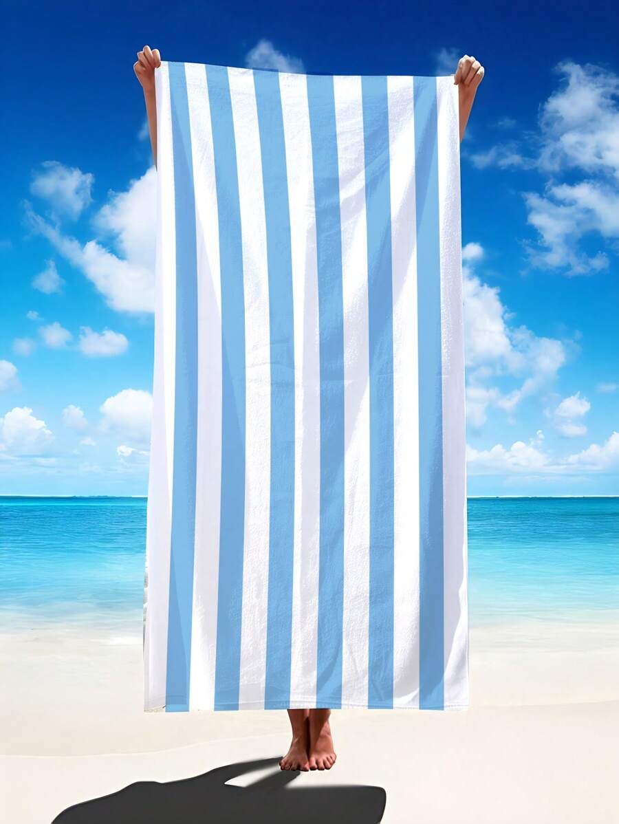 1pc Vibrant Light Blue Striped Beach Towel, Super Absorbent Microfiber Extra Large Beach Blanket, Suitable For Travel, Pool, Diving, Surfing, Yoga, Camping, Available In Multiple Sizes, Beach Accessory Beach Essentials