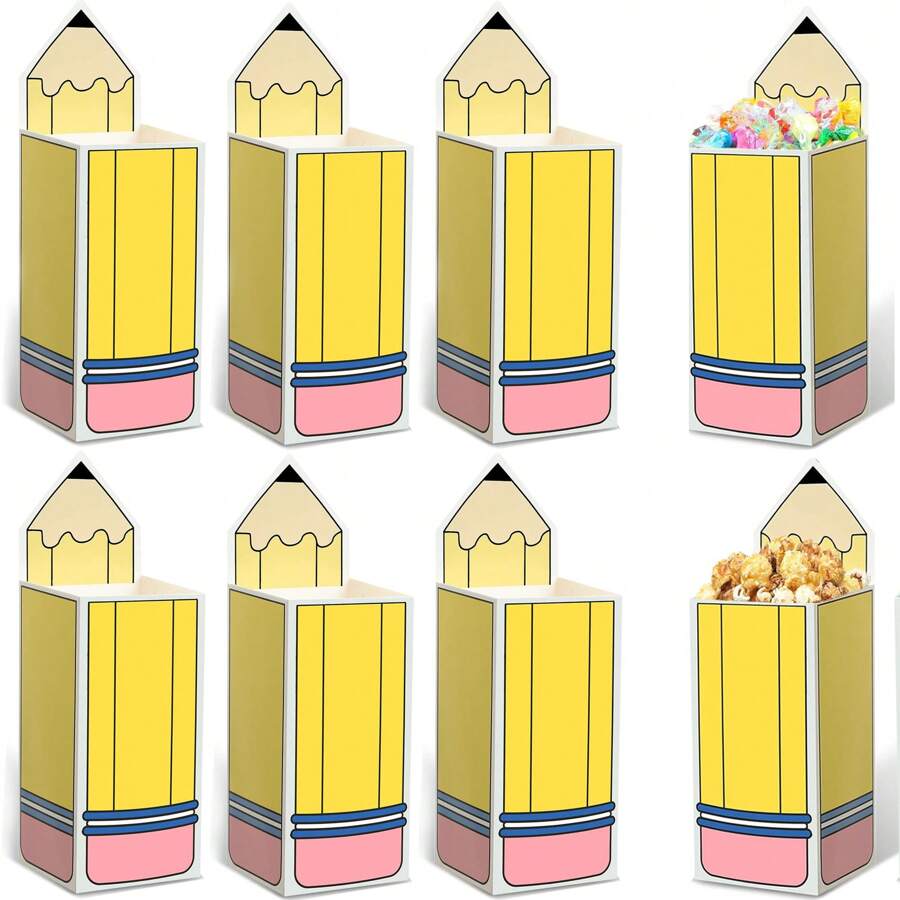 3pcs/6pcs/12pcs Pencil Shaped Candy Boxes Popcorn Box Pencil Gift Bags Snack Paper Containers For Graduation Back To S Chool Classroom Decoration