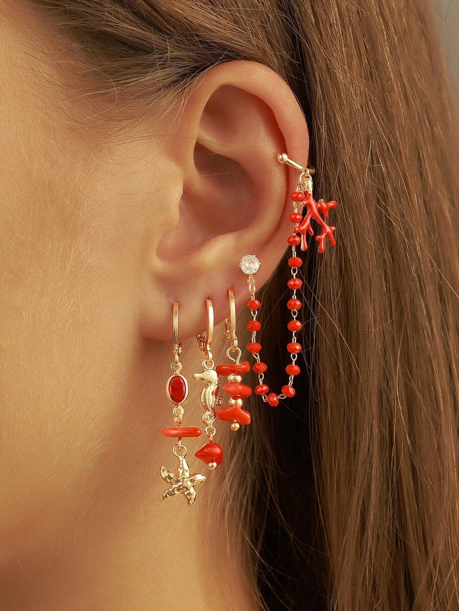 4 pièces Set de boucles d'oreilles d'été en forme d'étoile de mer, style plage. Boucles d'oreilles hippie en forme d'hippocampe et de corail, de couleur rouge. Boucles d'oreilles de vacances