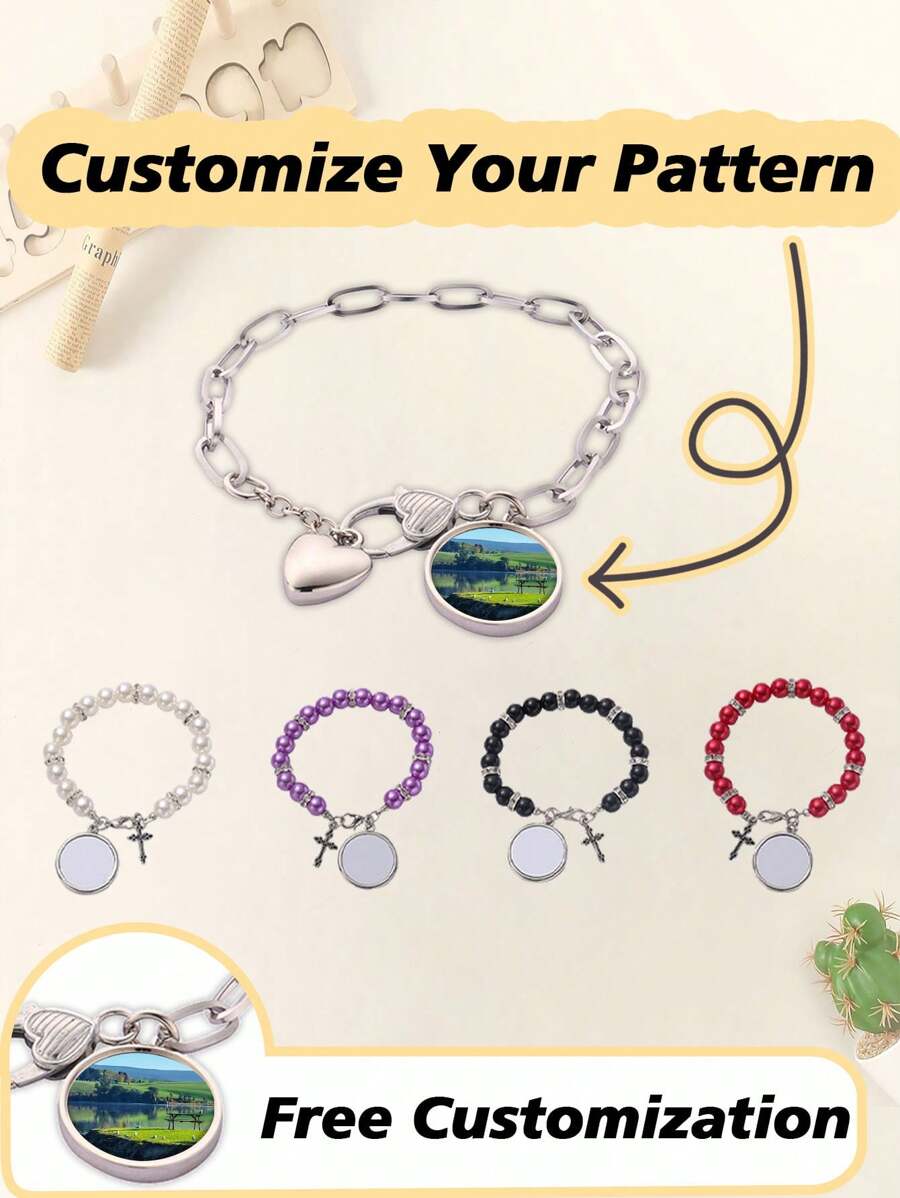 Pulseira personalizada com foto, Pulseira personalizada com foto redonda de pérolas, Pulseira colorida com foto redonda de pérolas, Ajustável, Presente de Natal vermelho da moda, Moda de outono, Casual, Minimalista
