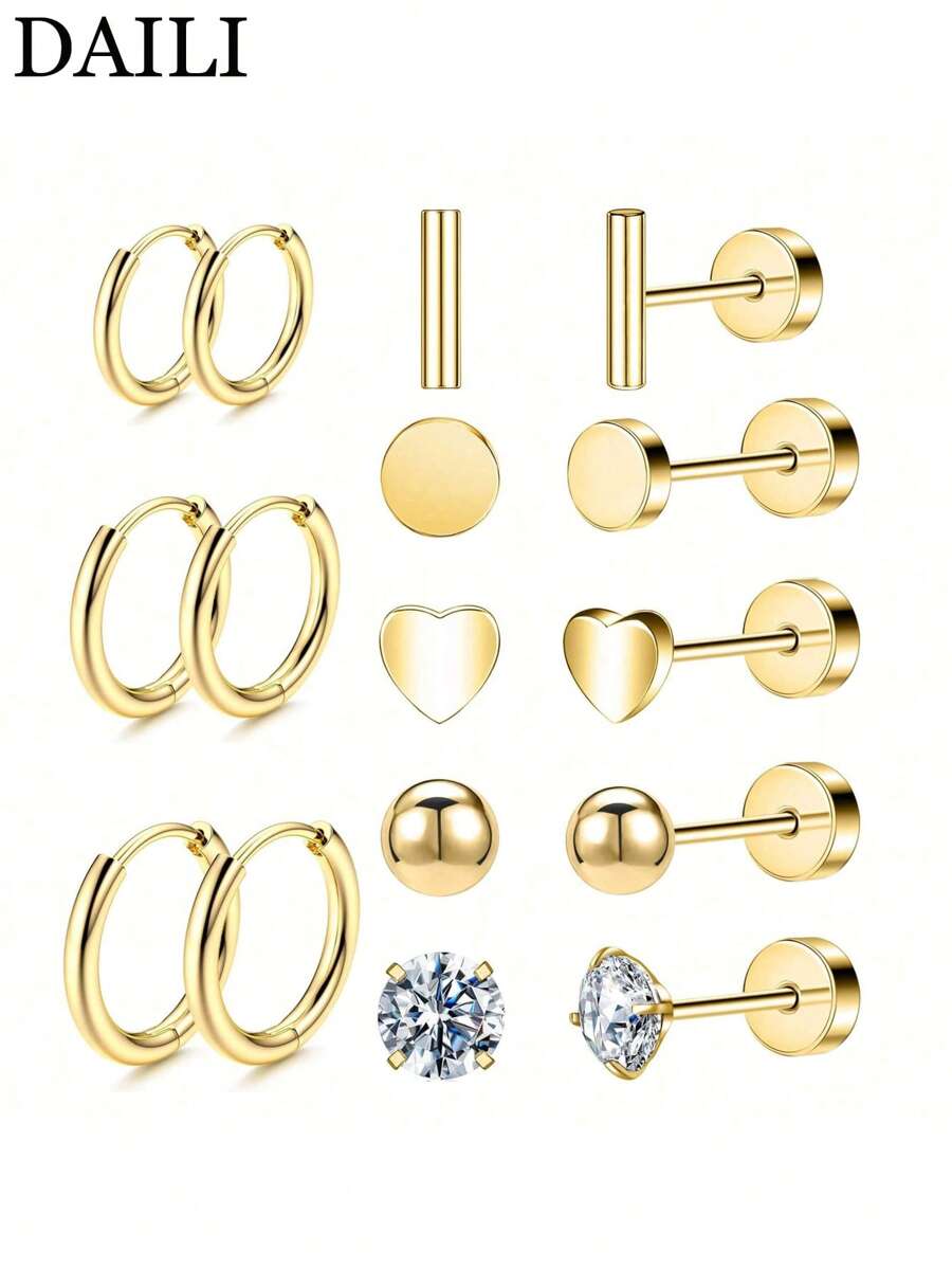 DAILI Set de 8 pares de pendientes dorados para mujer con múltiples perforaciones, de acero inoxidable y titanio, diseños con puntos, bolas, ópalo y circonita cúbica, calibre 20, conjunto de pendientes con aro y de botón con respaldo plano, aptos para pieles sensibles