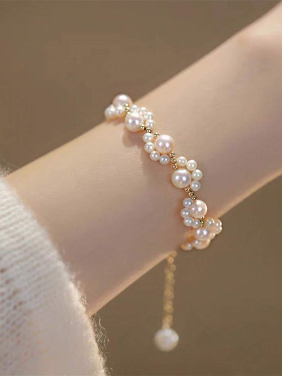 1pc Elegant Faux Pearl Braided Cat Scratch Bracelet, Fashionable Cute Bridal Accessory Gift For Friends, Mother