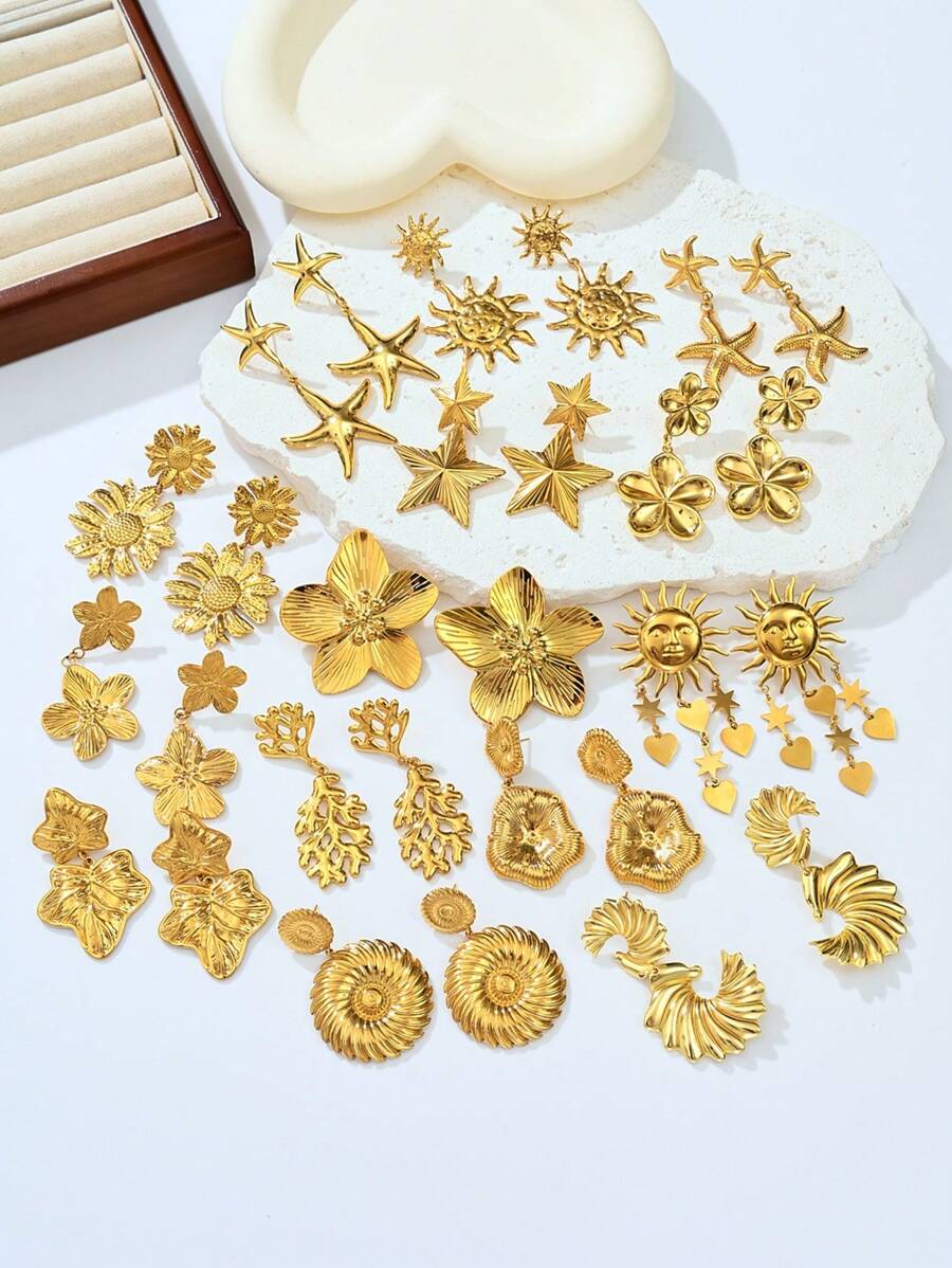 1 par de pendientes tipo botón con formas de corazón, estrella de mar, sol, floral y geométricas en tono dorado de acero inoxidable, adecuados para uso diario, playa, fiesta y vacaciones, gran regalo para amigos
