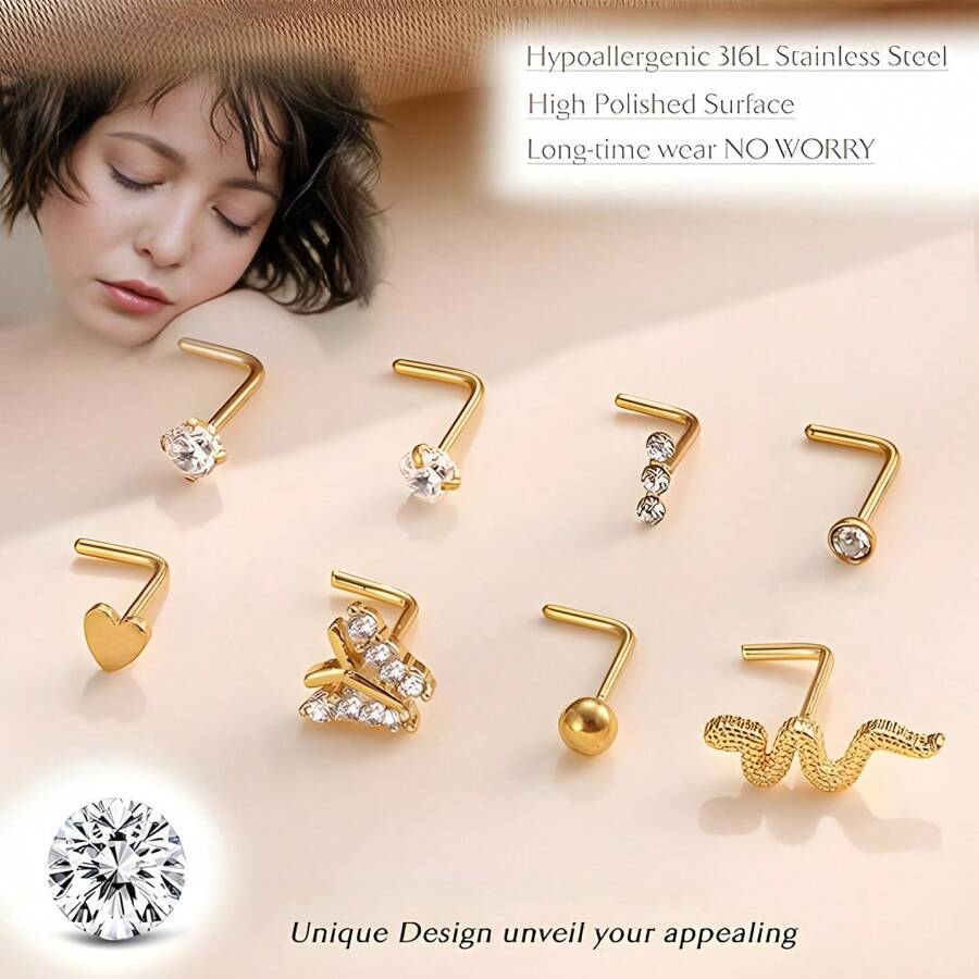 20pcs 20g Nose Hoops Rings - L And C Shape Studs - 316L Surgical Stainless Steel Nose Piercing Jewelry - Golden & Black For Women Men